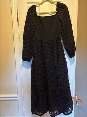 Shinnyverse Black Eyelet Smocked Square Neck Long Puff Sleeve Maxi Medium NWT